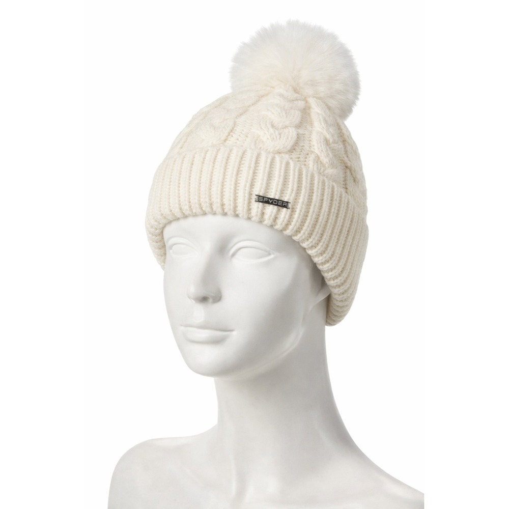 Spyder Womens Cable Knit Beanie Faux Fur Lined Pom Hat Chalk White OLSP982W